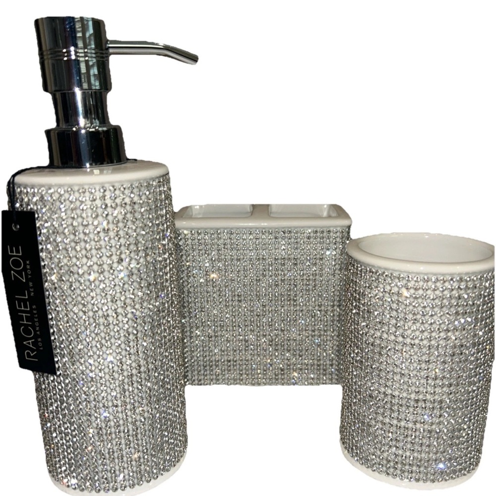 Rachel Zoe Bathroom Ceramic Crystal Soap Pump Toothbrush Holder Cup Glam